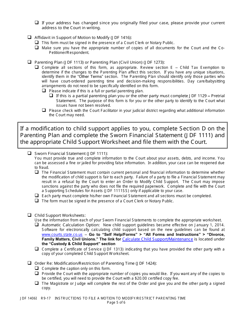 Instructions for Form JDF1406 Motion / Stipulation to Modify / Restrict Parenting Time - Colorado, Page 5