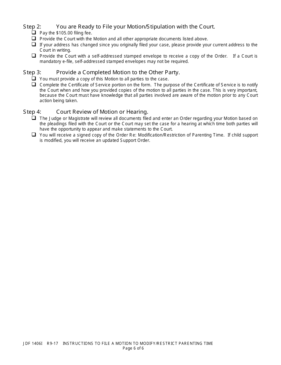 Instructions for Form JDF1406 Motion / Stipulation to Modify / Restrict Parenting Time - Colorado, Page 6