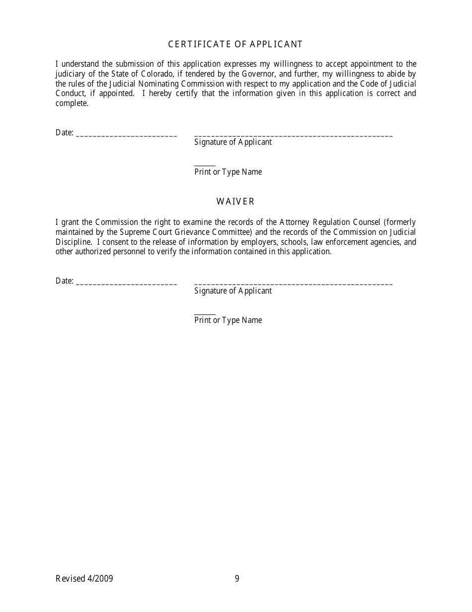 Application for Colorado State Court Judgeship - Judicial Nominating Commission - Colorado, Page 9