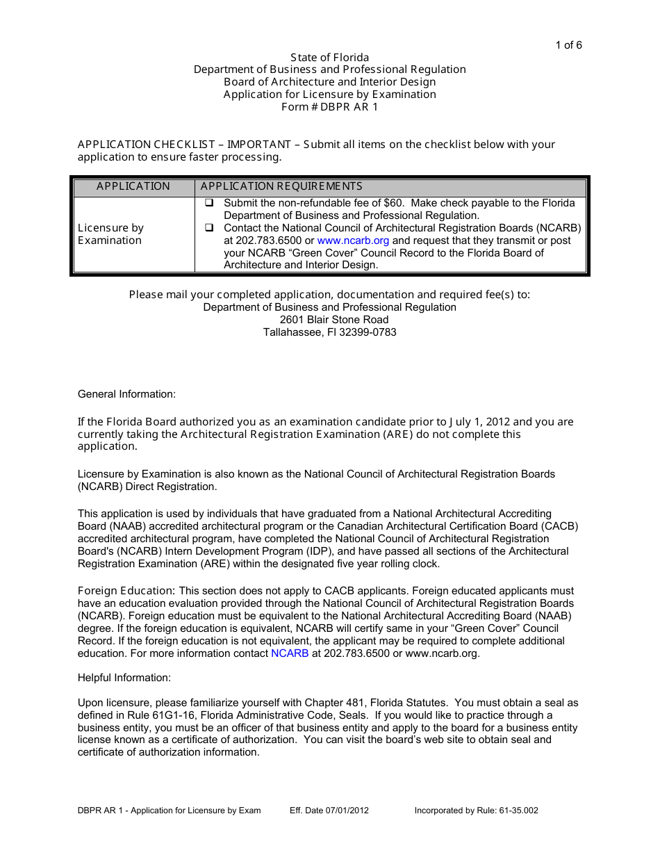 Form DBPR AR1 Application for Licensure by Examination - Architect - Florida, Page 1