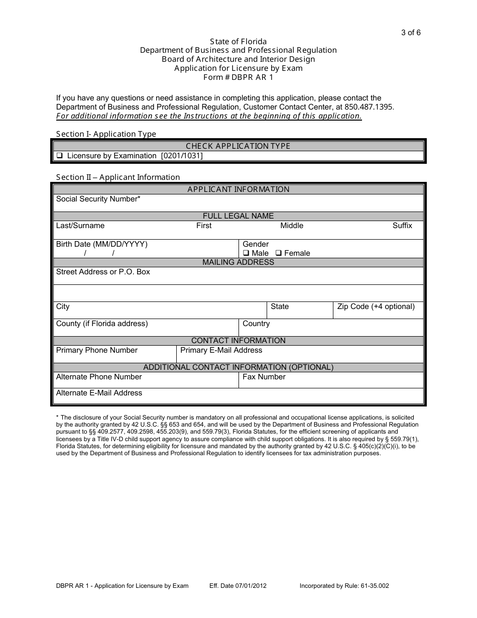 Form DBPR AR1 Application for Licensure by Examination - Architect - Florida, Page 3