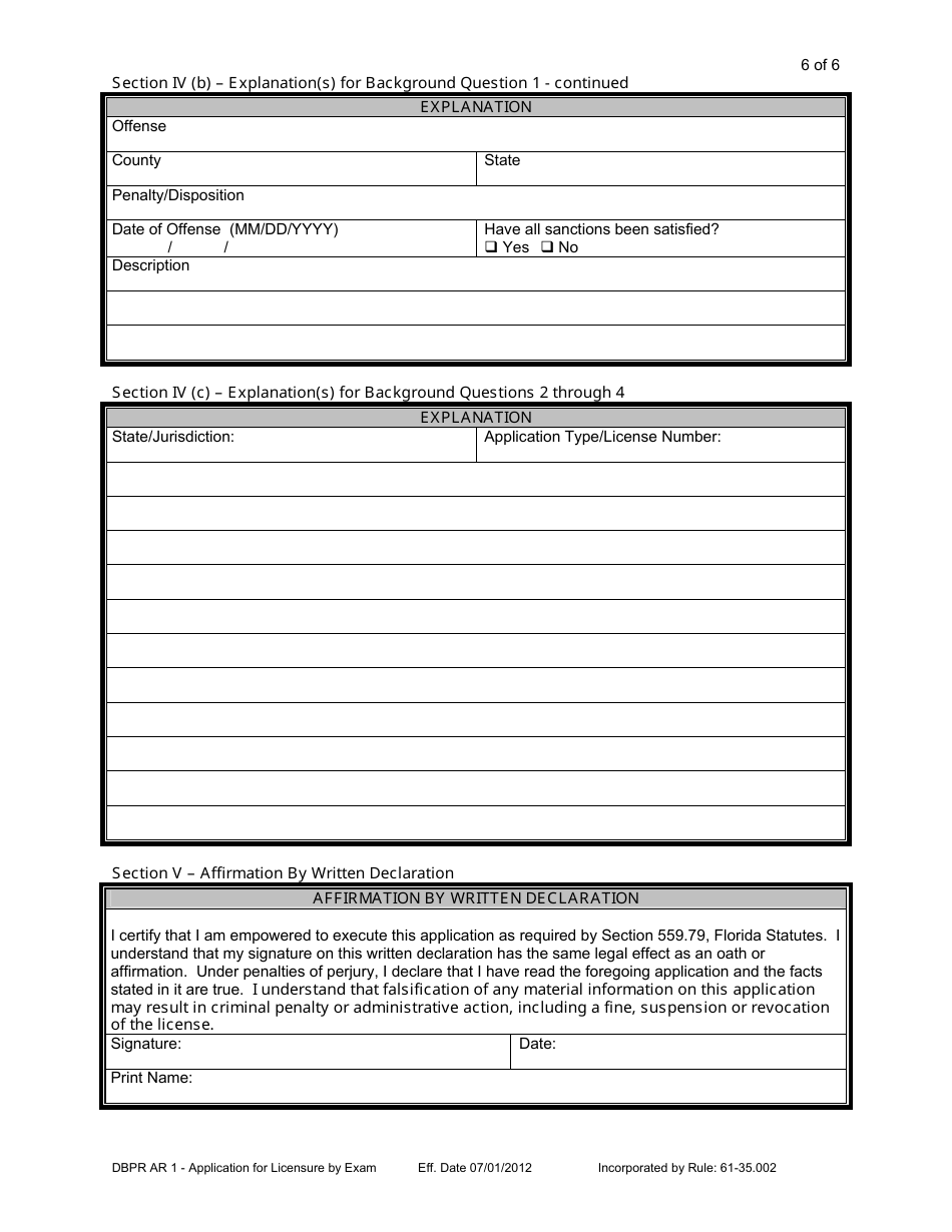 Form DBPR AR1 Application for Licensure by Examination - Architect - Florida, Page 6