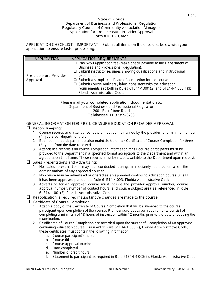 Form DBPR CAM9 Application for Pre-licensure Provider Approval - Florida, Page 1