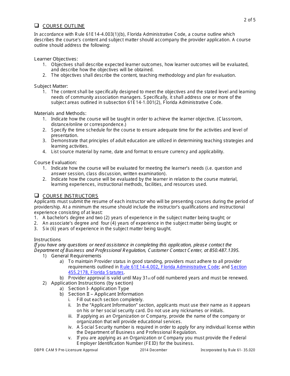 Form DBPR CAM9 Application for Pre-licensure Provider Approval - Florida, Page 2