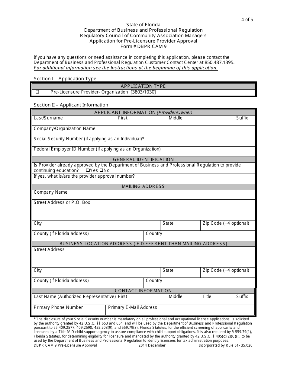 Form DBPR CAM9 Application for Pre-licensure Provider Approval - Florida, Page 4