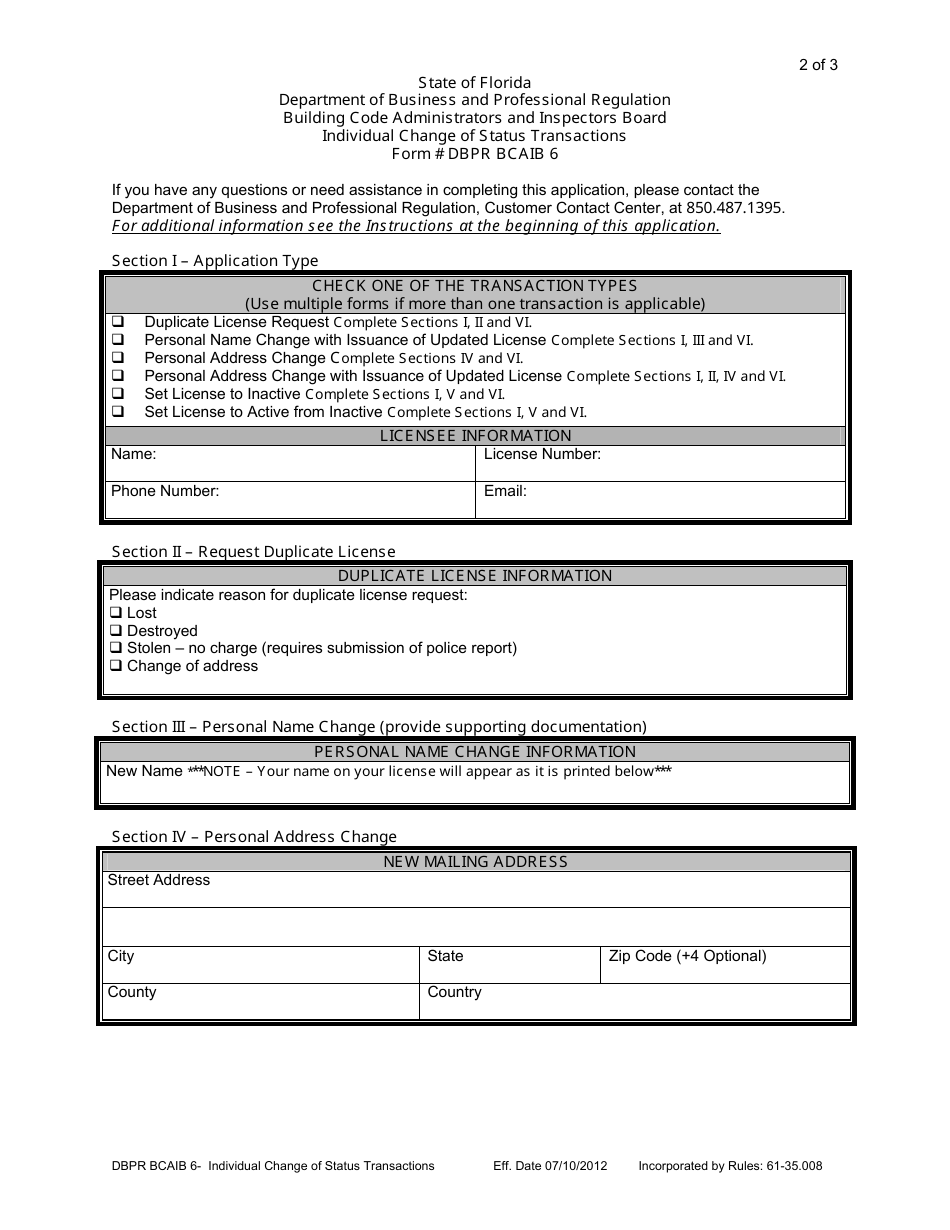 Form DBPR BCAIB6 Request for Duplicate License, Name Change, Address Change, or Status Change - Florida, Page 2