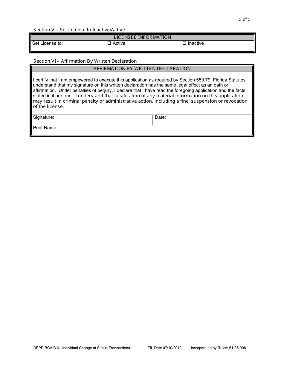 Form DBPR BCAIB6 Request for Duplicate License, Name Change, Address Change, or Status Change - Florida, Page 3