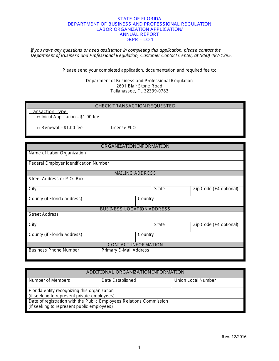 Form DBPR-LO1 Labor Organization Application / Annual Report - Florida, Page 1