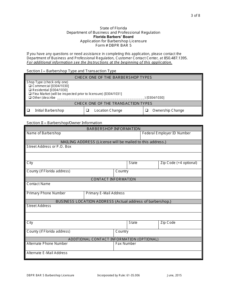 Application for Barbershop Licensure - Florida, Page 3