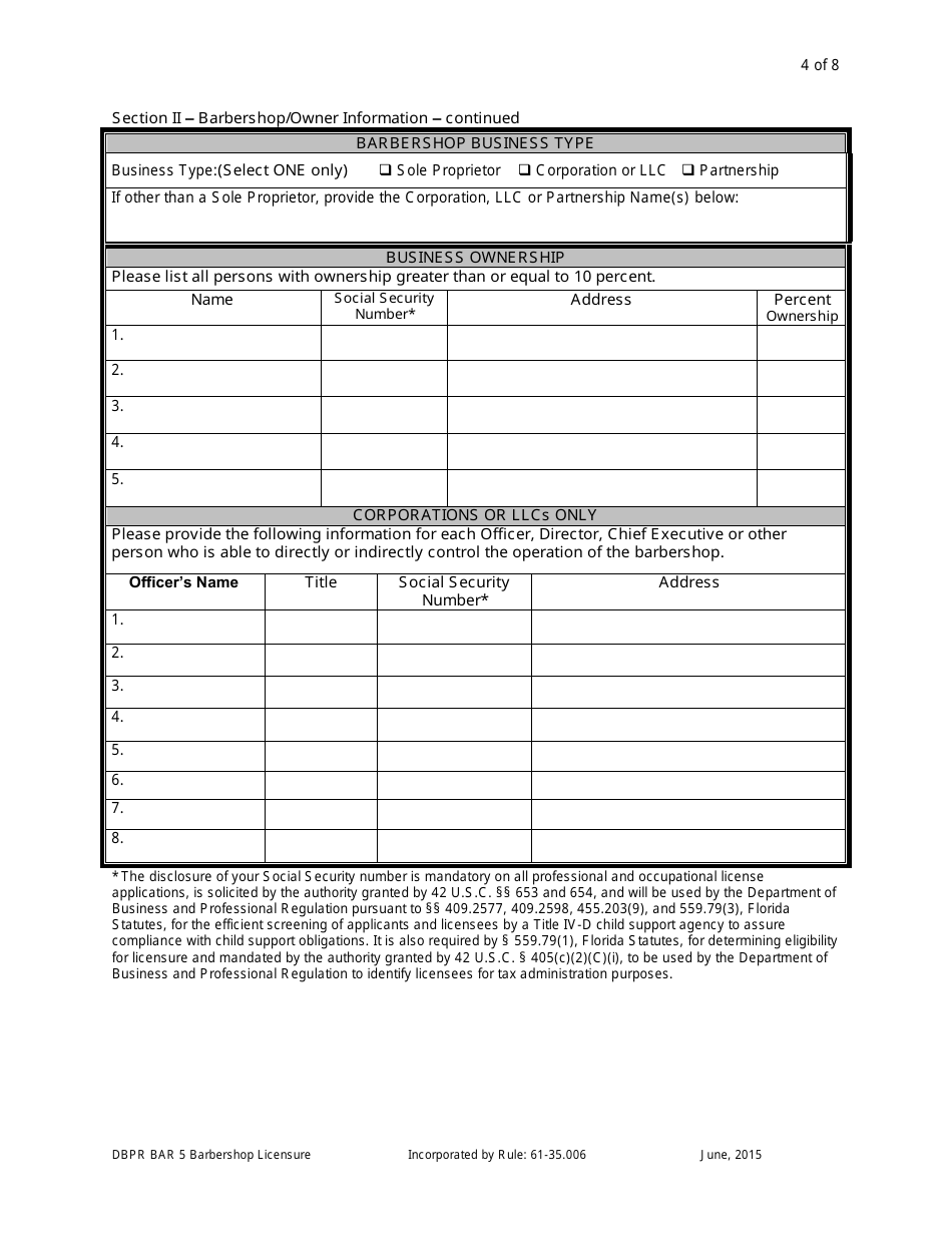 Application for Barbershop Licensure - Florida, Page 4