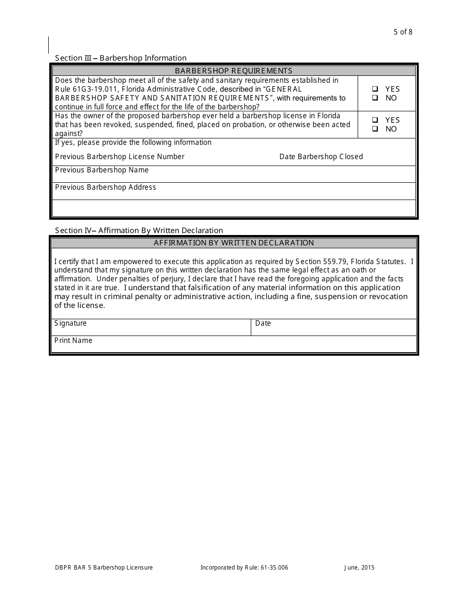 Application for Barbershop Licensure - Florida, Page 5