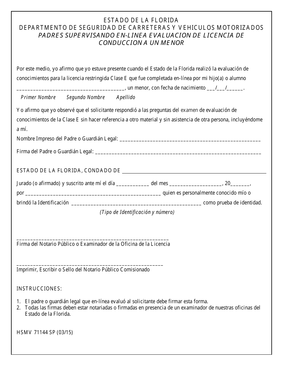 Formulario HSMV71144SP Padres Supervisando En-linea Evaluacion De Licencia De Conduccion a Un Menor - Florida (Spanish), Page 1