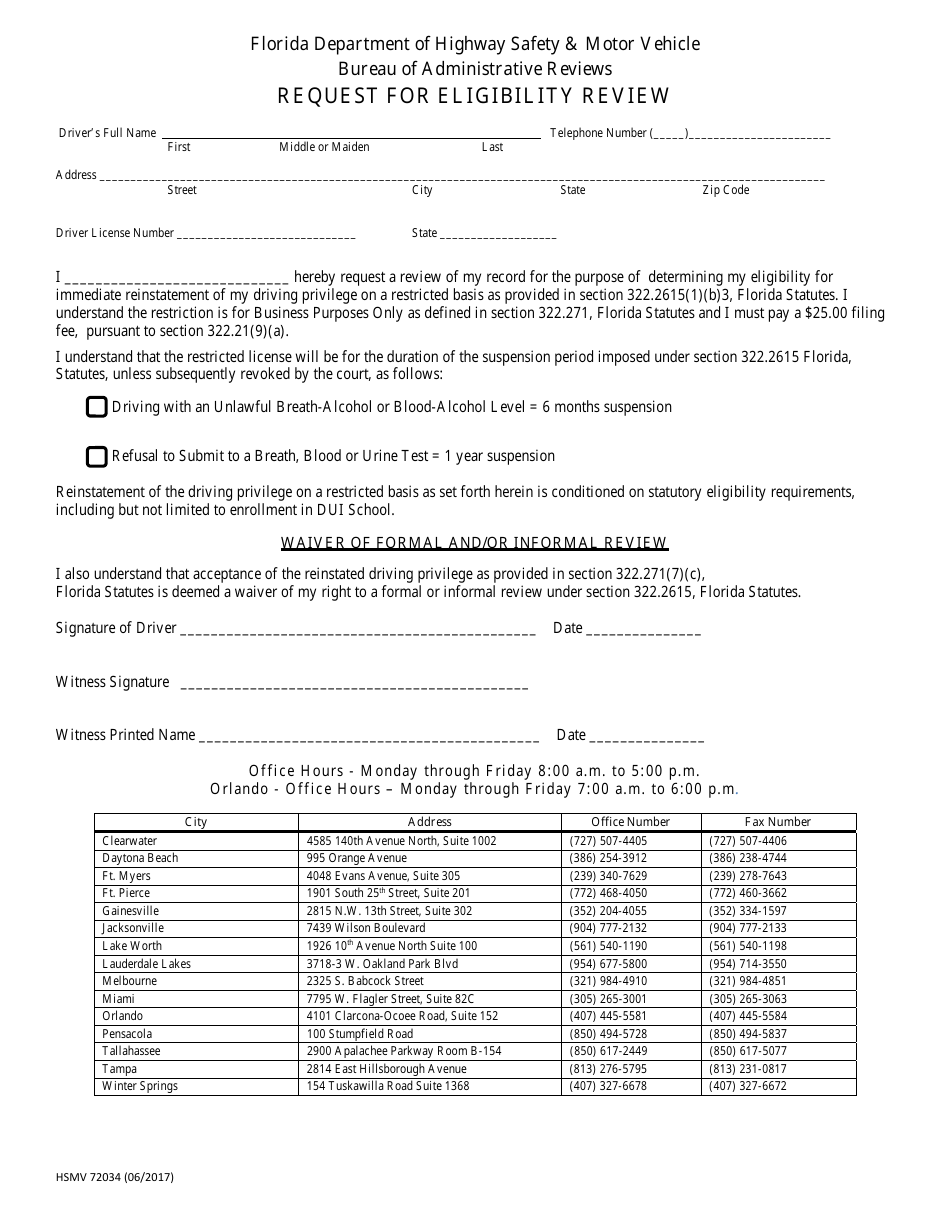 Form HSMV72034 Request for Eligibility Review - Florida, Page 1