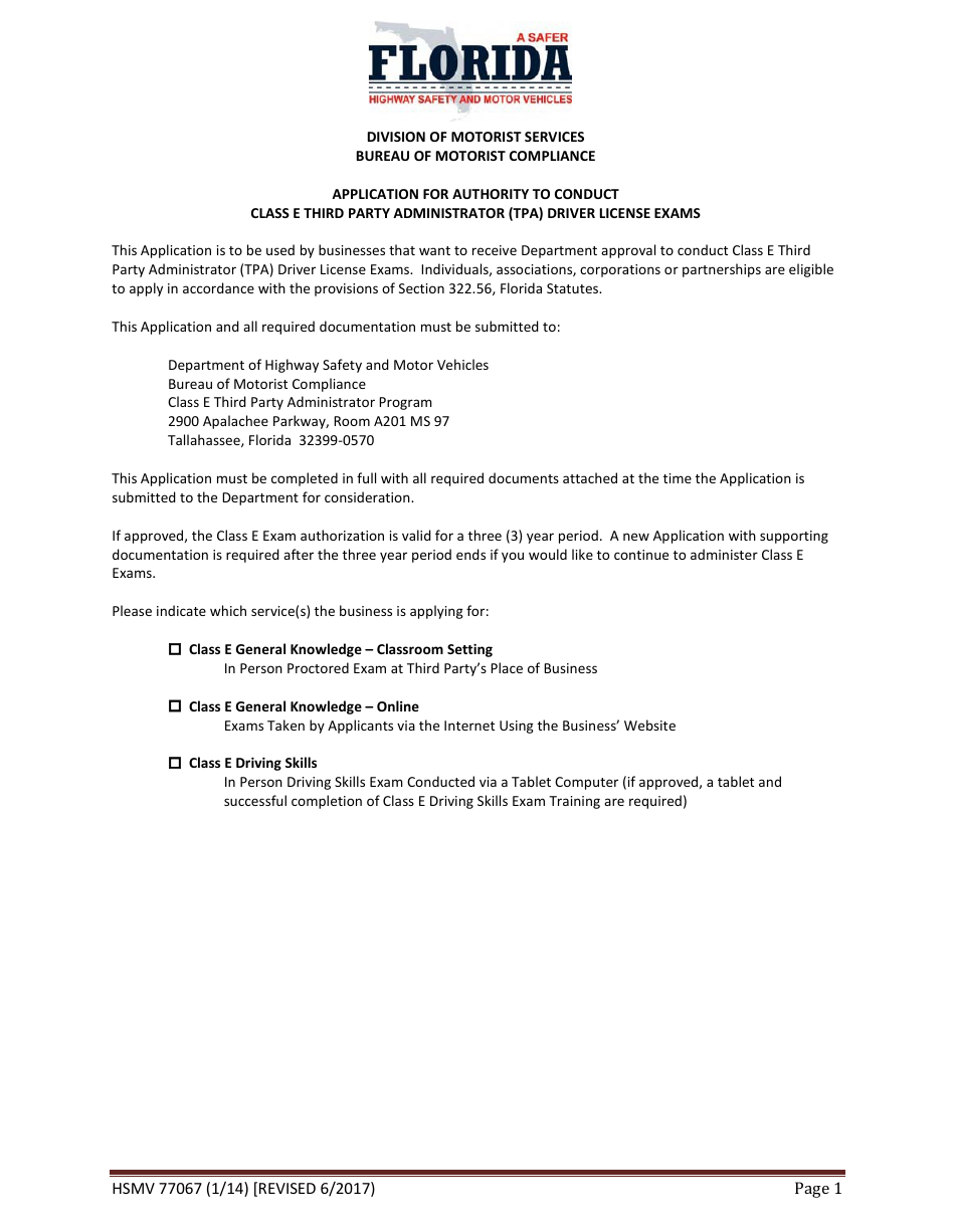 Form HSMV77067 Application for Authority to Conduct Class E Third Party Administrator (Tpa) Driver License Exams - Florida, Page 1