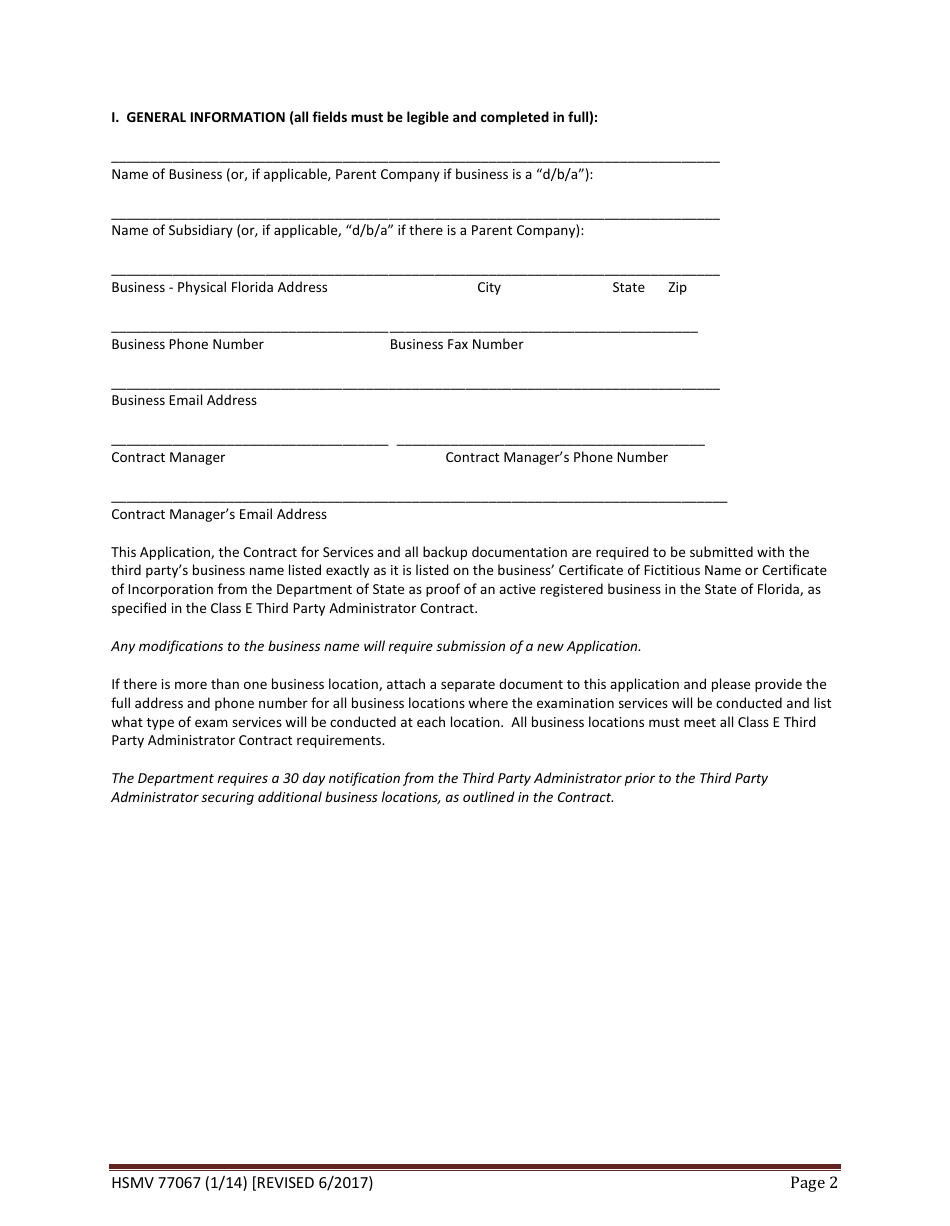 Form HSMV77067 Application for Authority to Conduct Class E Third Party Administrator (Tpa) Driver License Exams - Florida, Page 2
