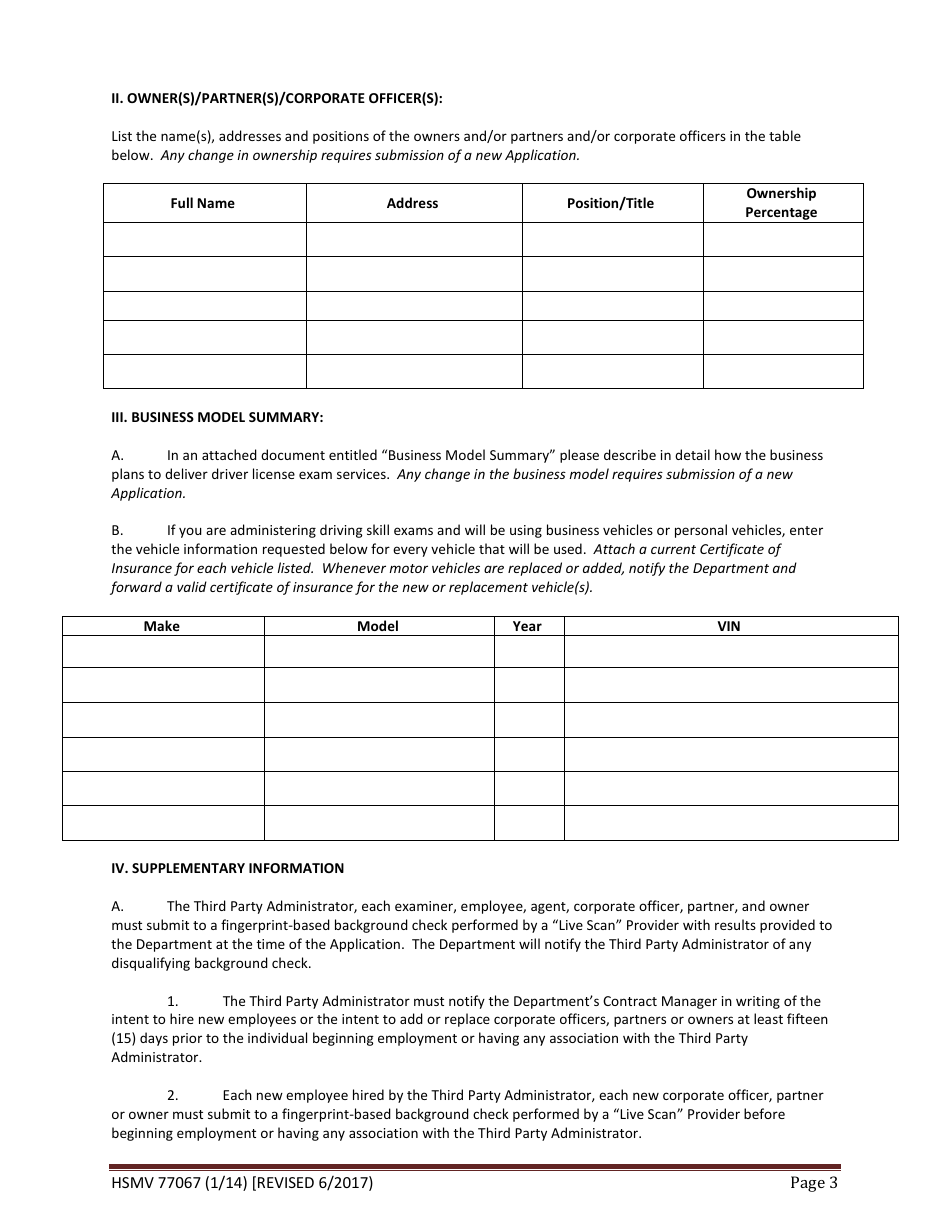 Form HSMV77067 Application for Authority to Conduct Class E Third Party Administrator (Tpa) Driver License Exams - Florida, Page 3