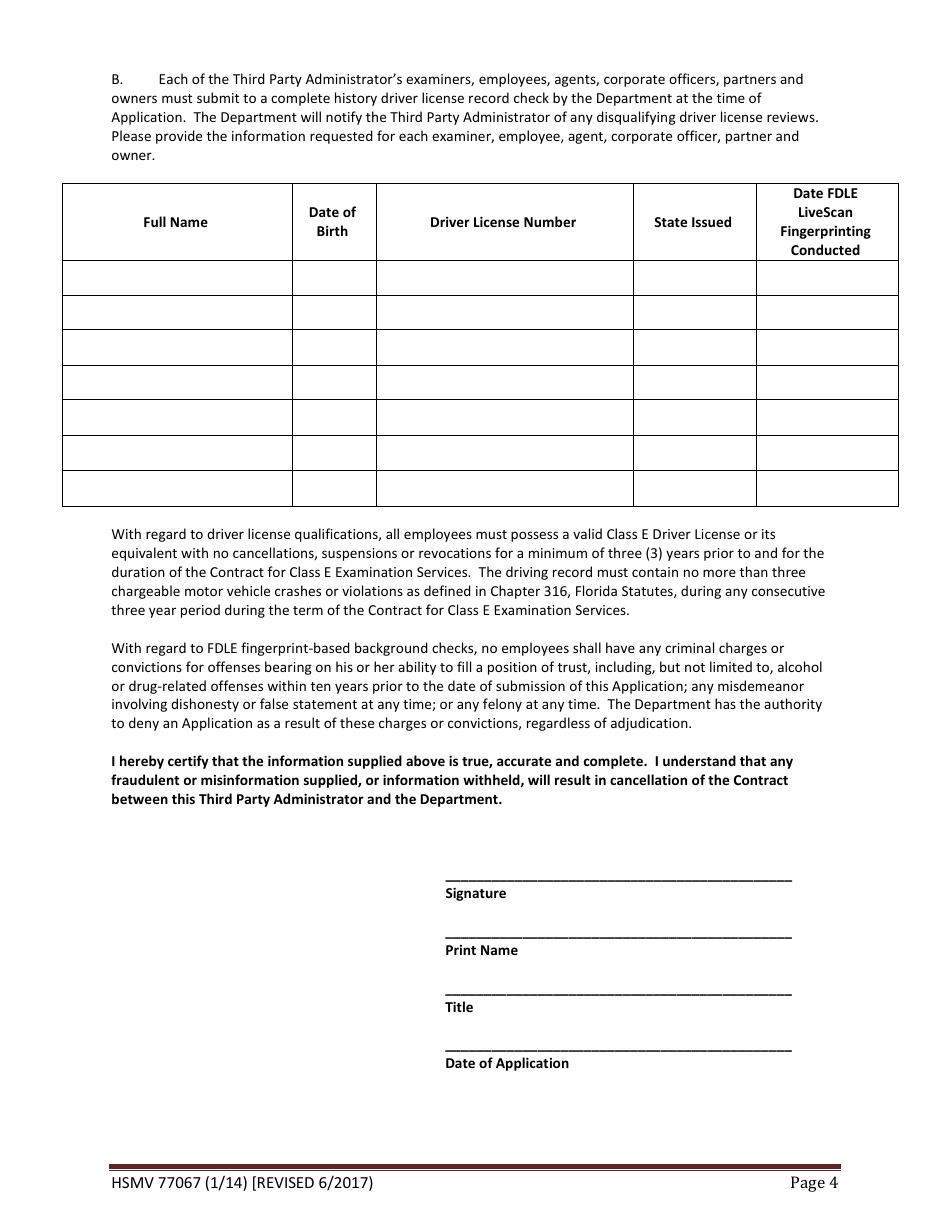 Form HSMV77067 Application for Authority to Conduct Class E Third Party Administrator (Tpa) Driver License Exams - Florida, Page 4