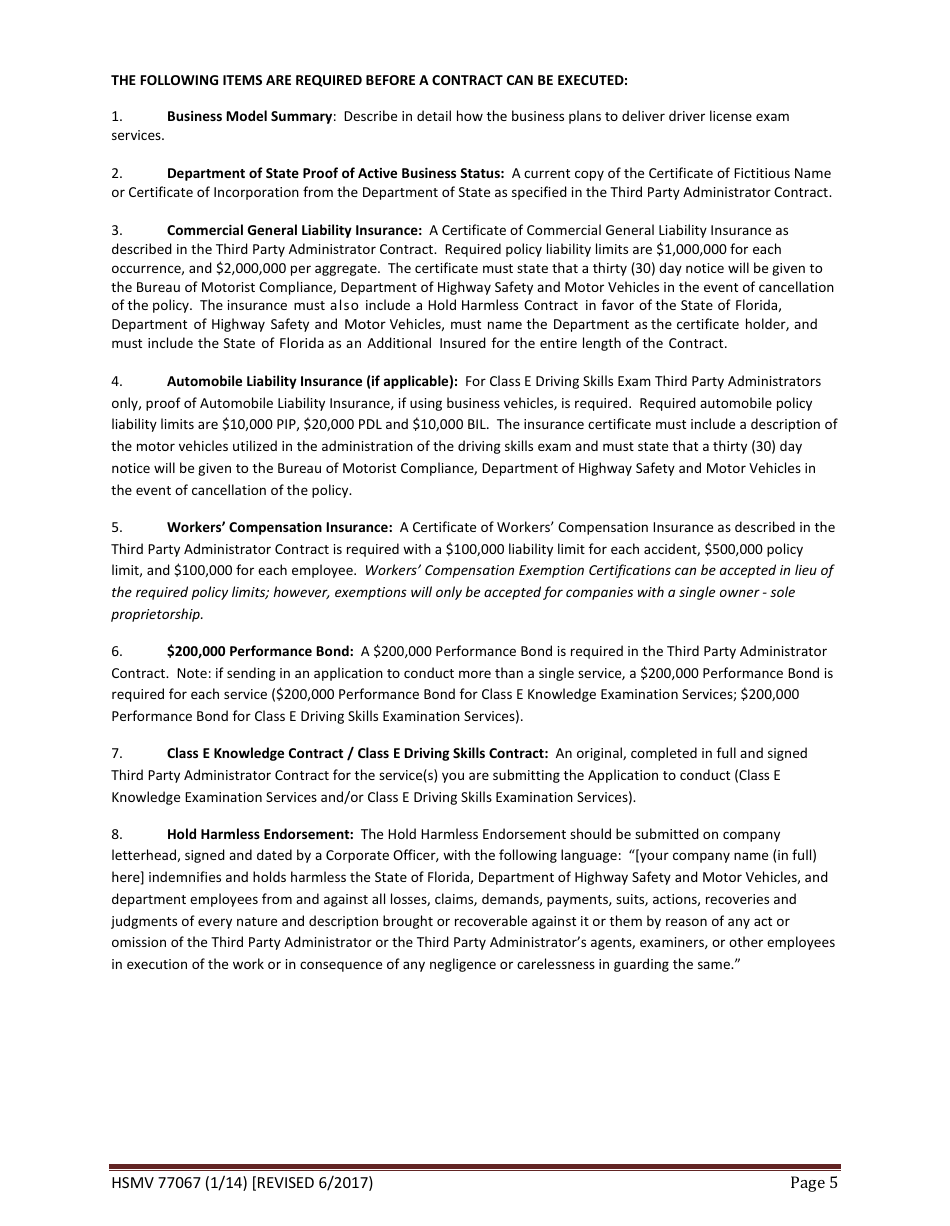 Form HSMV77067 Application for Authority to Conduct Class E Third Party Administrator (Tpa) Driver License Exams - Florida, Page 5