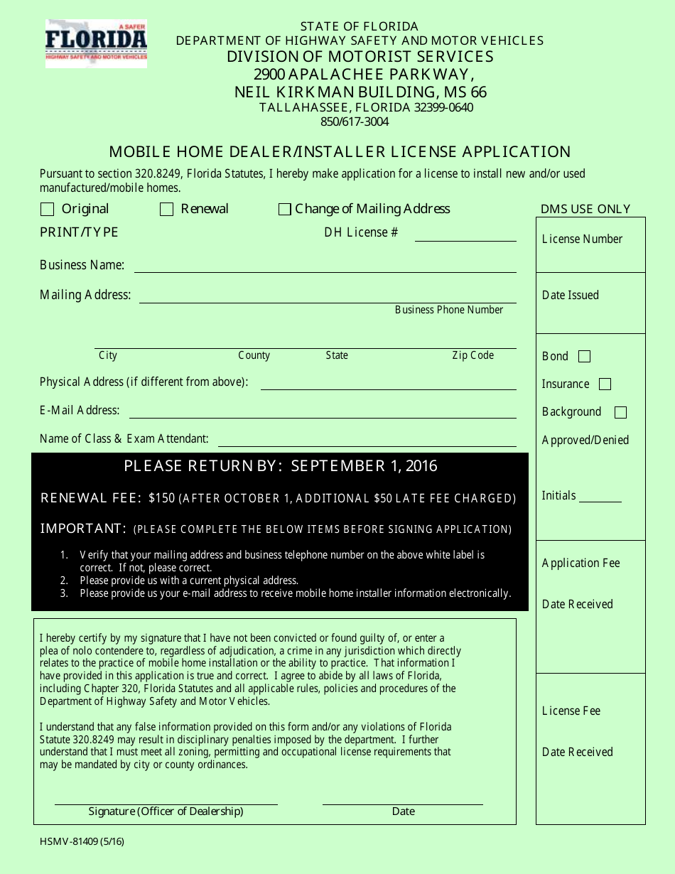 Form HSMV-81409 Mobile Home Dealer / Installer License Application - Florida, Page 1