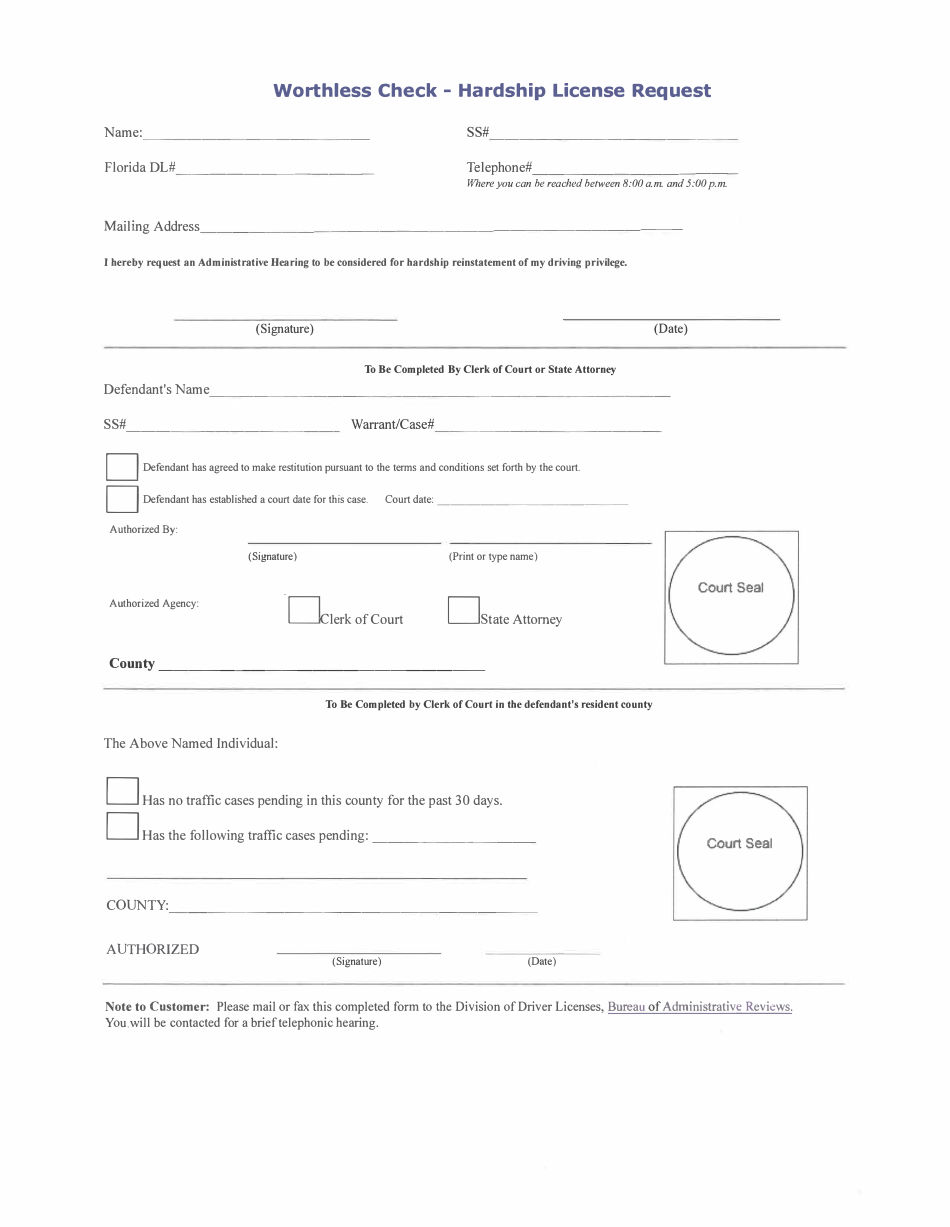 Worthless Check - Hardship License Request Form - Florida, Page 1