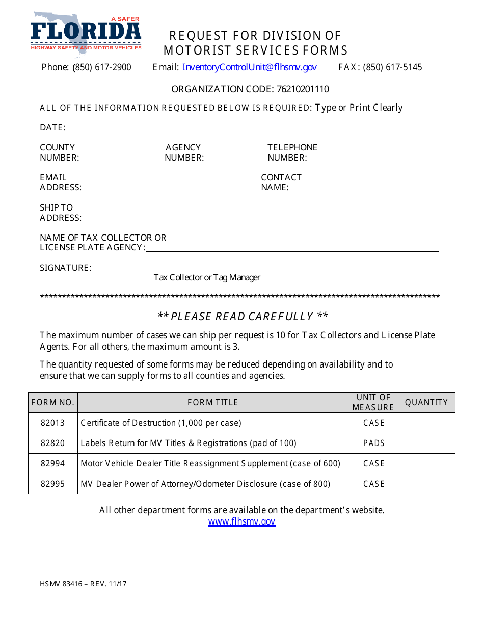 Form HSMV83416 Request for Division of Motorist Services Forms - Florida, Page 1
