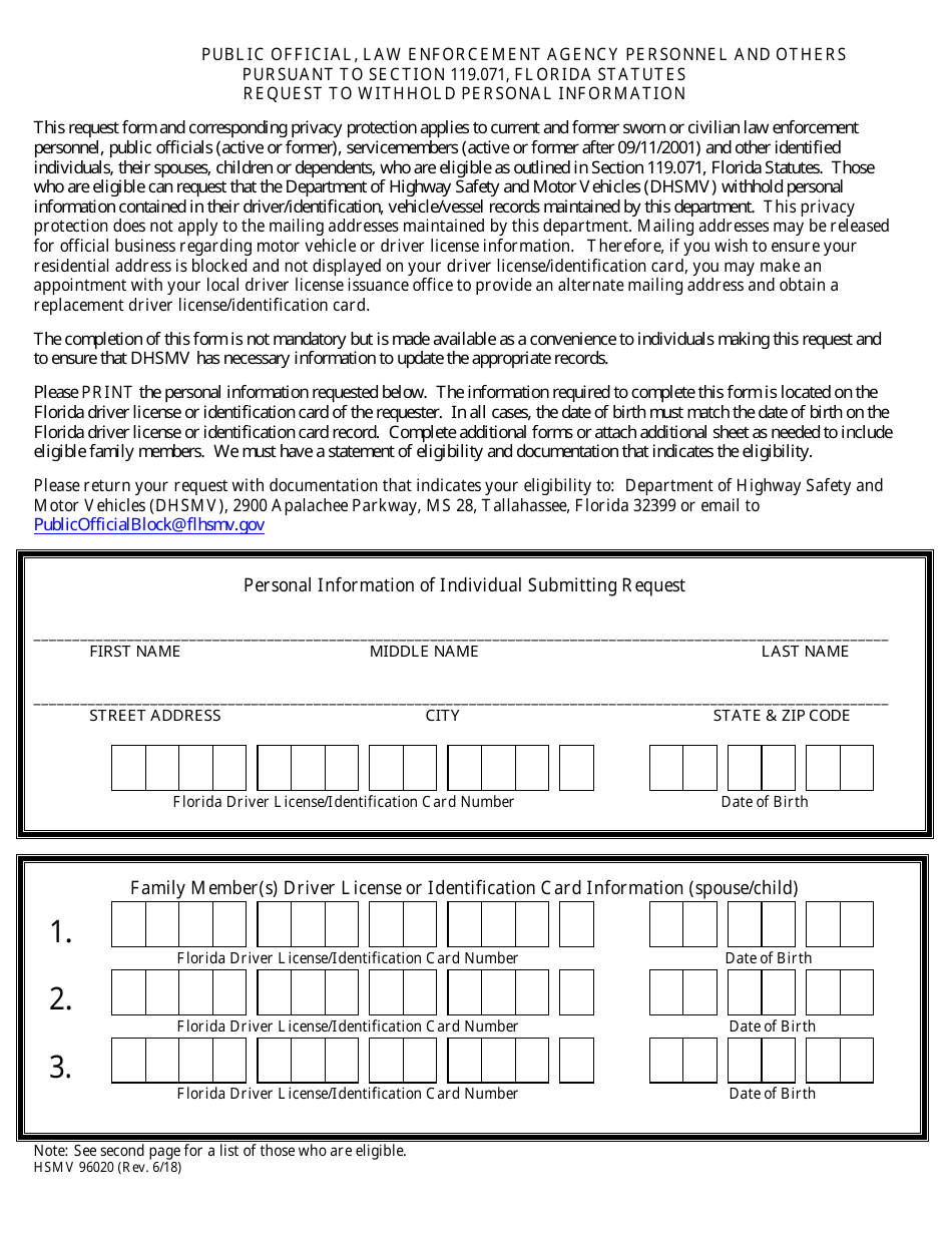 Form HSMV96020 Request to Withhold Personal Information - Florida, Page 1