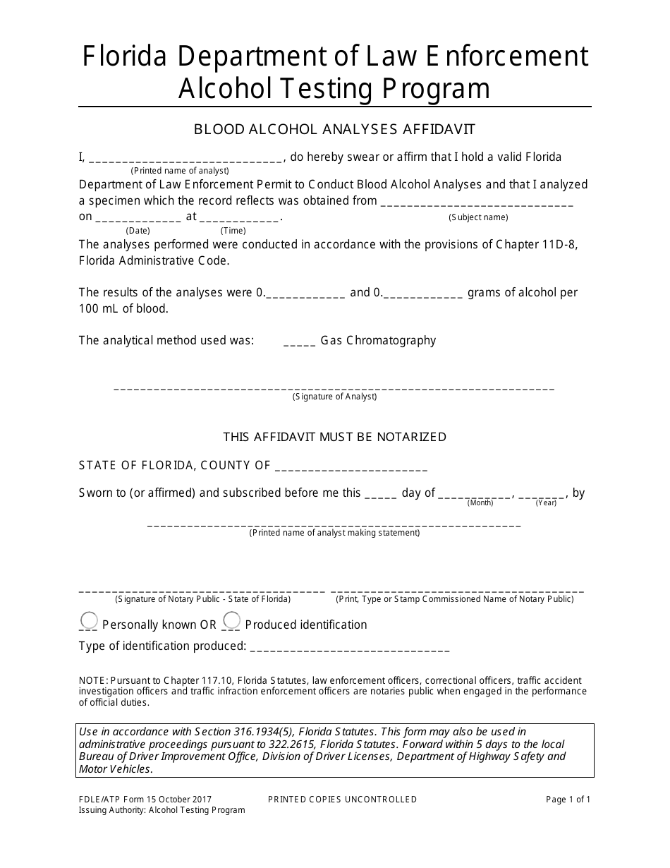 ATP Form 15 Blood Alcohol Analyses Affidavit - Florida, Page 1