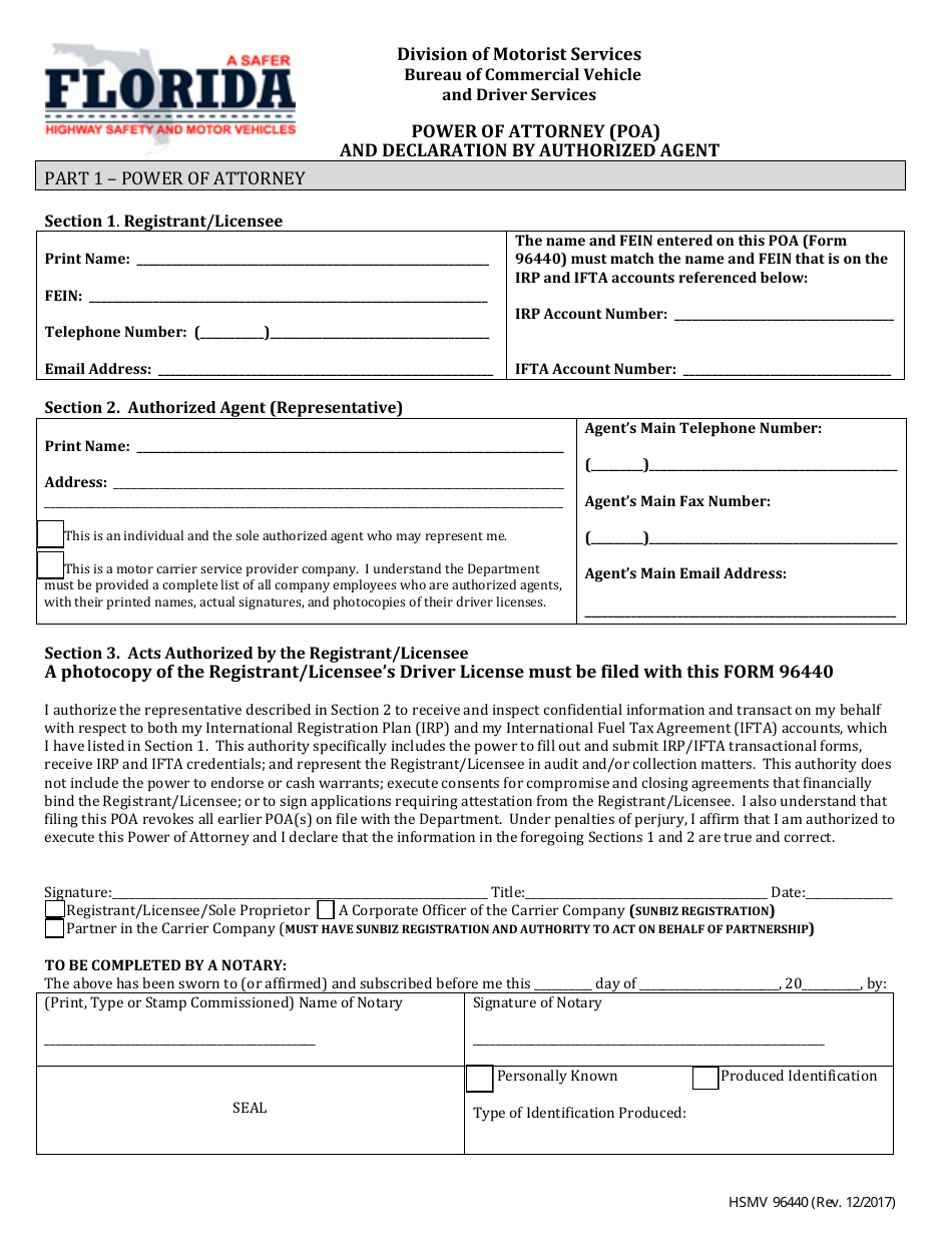 Form HSMV96440 Power of Attorney (Poa) and Declaration by Authorized Agent - Florida, Page 1
