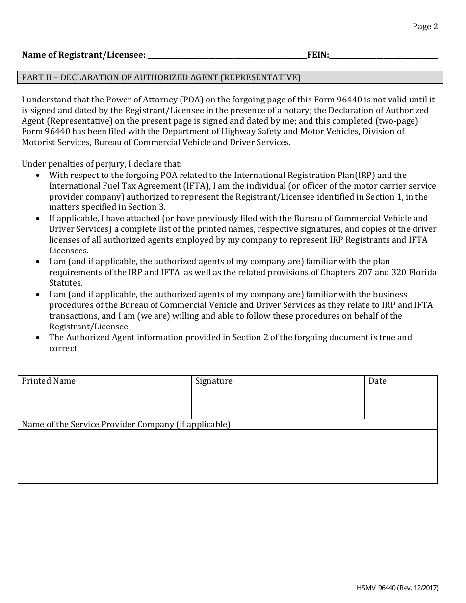Form HSMV96440 Power of Attorney (Poa) and Declaration by Authorized Agent - Florida, Page 2