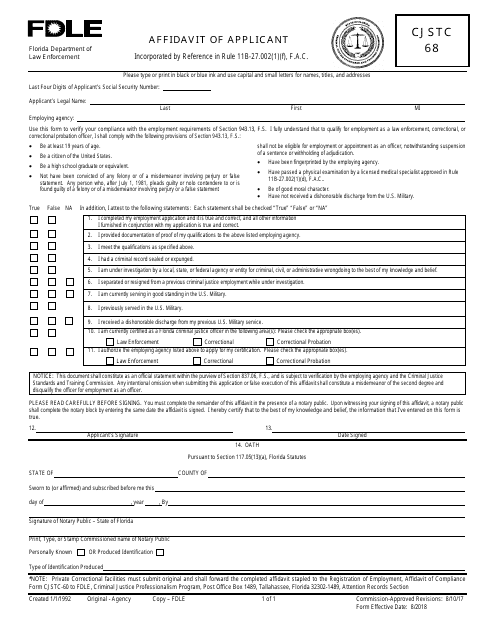 Form CJSTC-68 Affidavit of Applicant - Florida