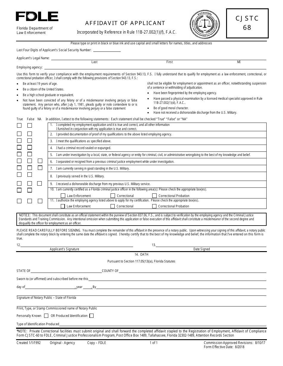 Form CJSTC-68 Affidavit of Applicant - Florida, Page 1