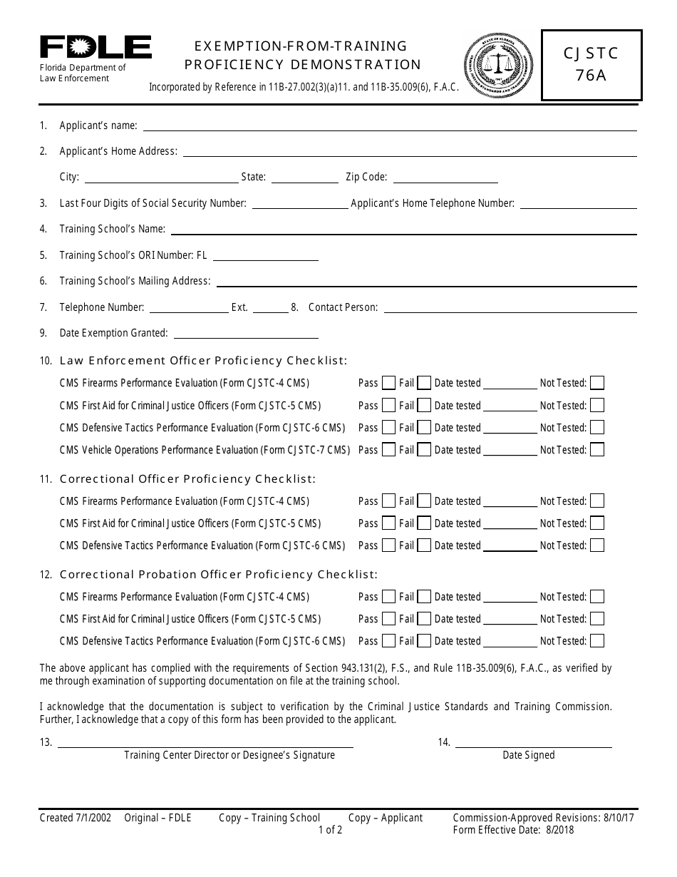 Form CJSTC76A Exemption-From-Training Proficiency Demonstration - Florida, Page 1