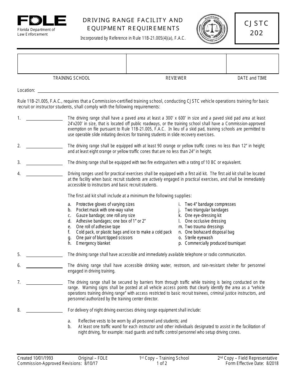 Form CJSTC-202 Driving Range Facility and Equipment Requirements - Florida, Page 1