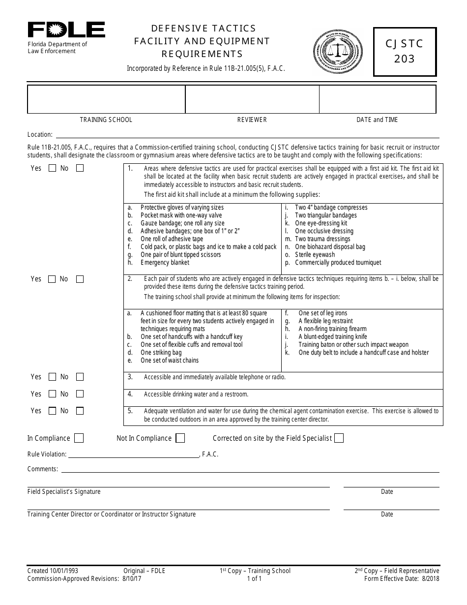 Form CJSTC-203 Defensive Tactics Facility and Equipment Requirements - Florida, Page 1