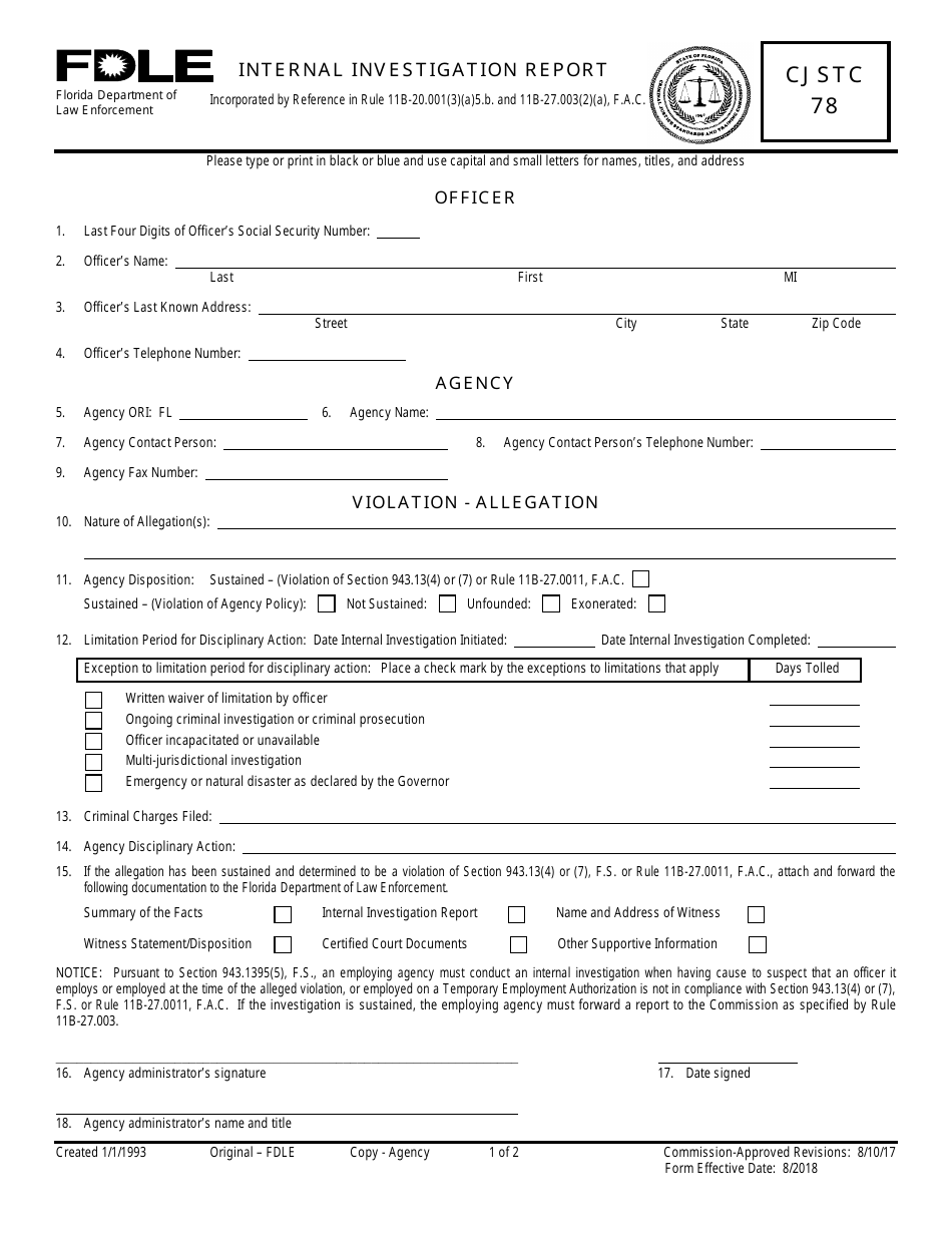Form CJSTC-78 Internal Investigation Report - Florida, Page 1