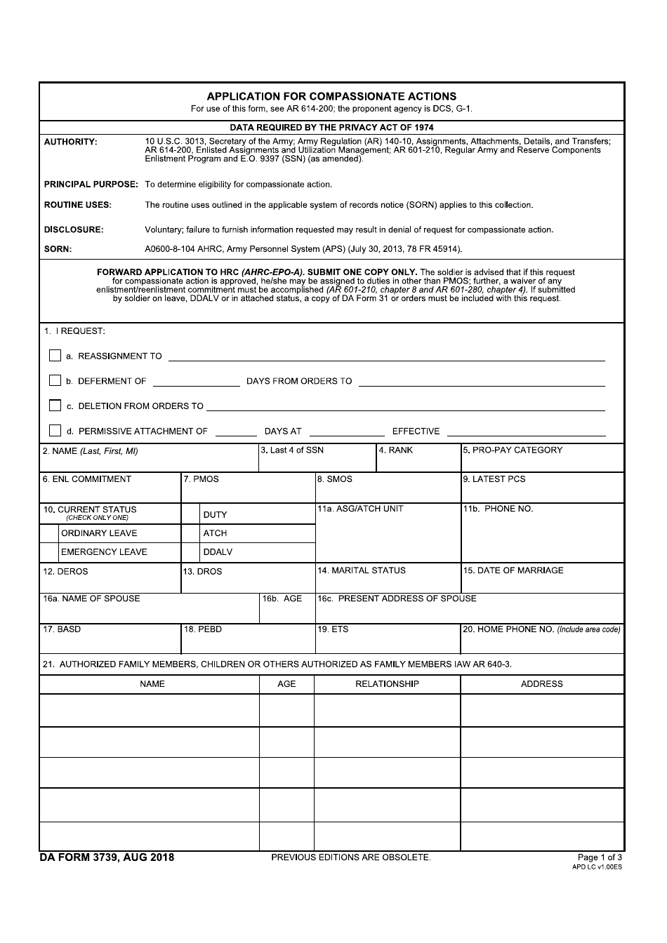 DA Form 3739 Application for Compassionate Actions, Page 1