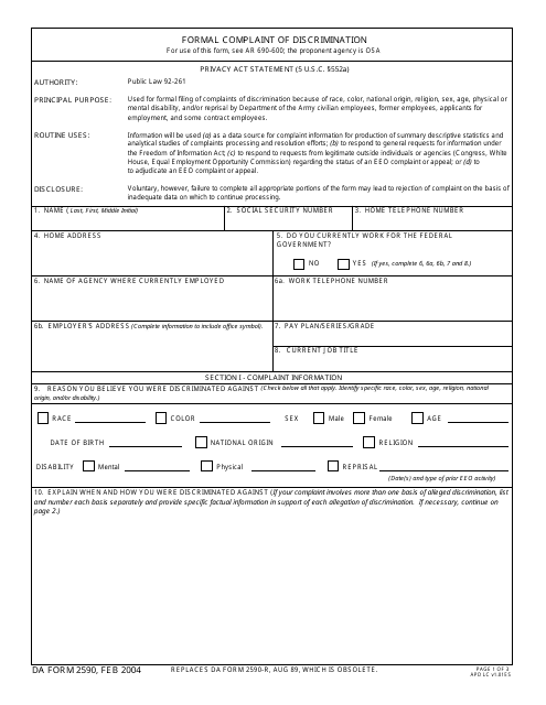 DA Form 2590 Printable Pdf