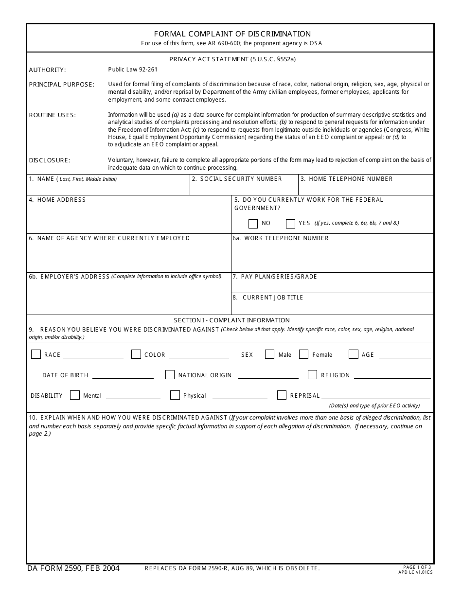 DA Form 2590 Formal Complaint of Discrimination, Page 1