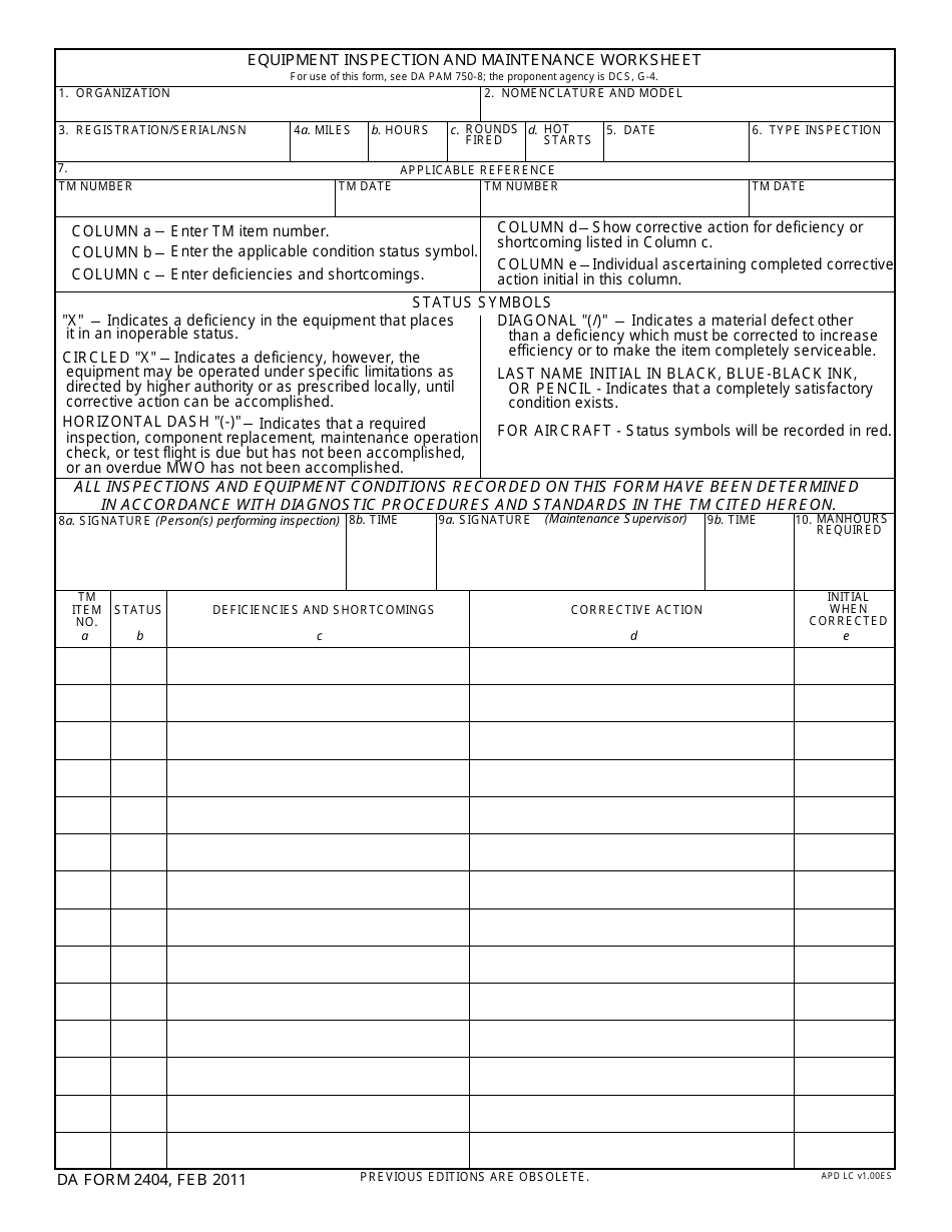 DA Form 2404 Equipment Inspection and Maintenance Worksheet, Page 1