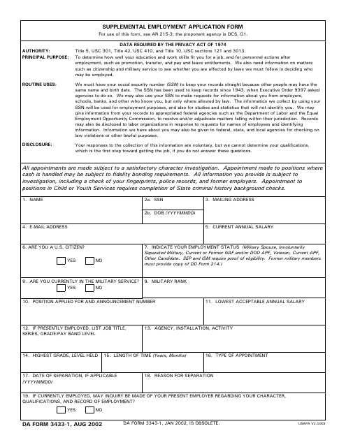DA Form 3433-1 Supplemental Employment Application Form