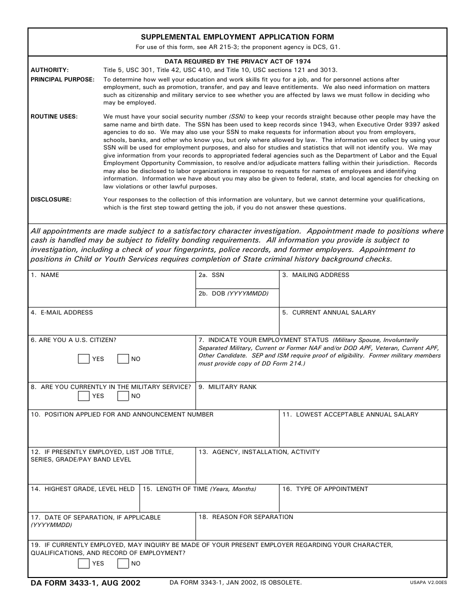 DA Form 3433-1 Supplemental Employment Application Form, Page 1