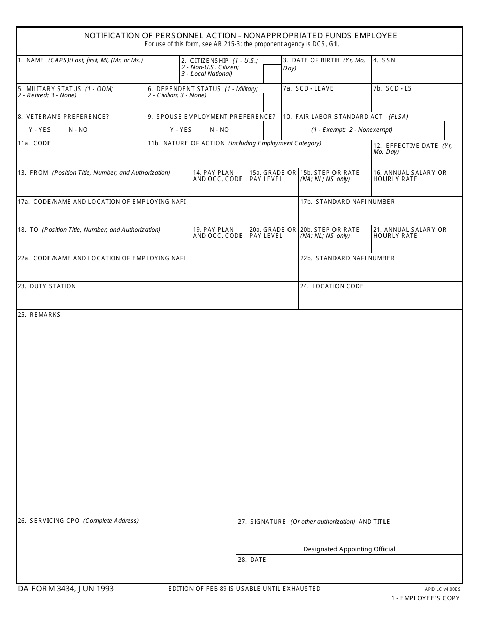 DA Form 3434 Notification of Personnel Action - Nonappropriated Funds Employee, Page 1