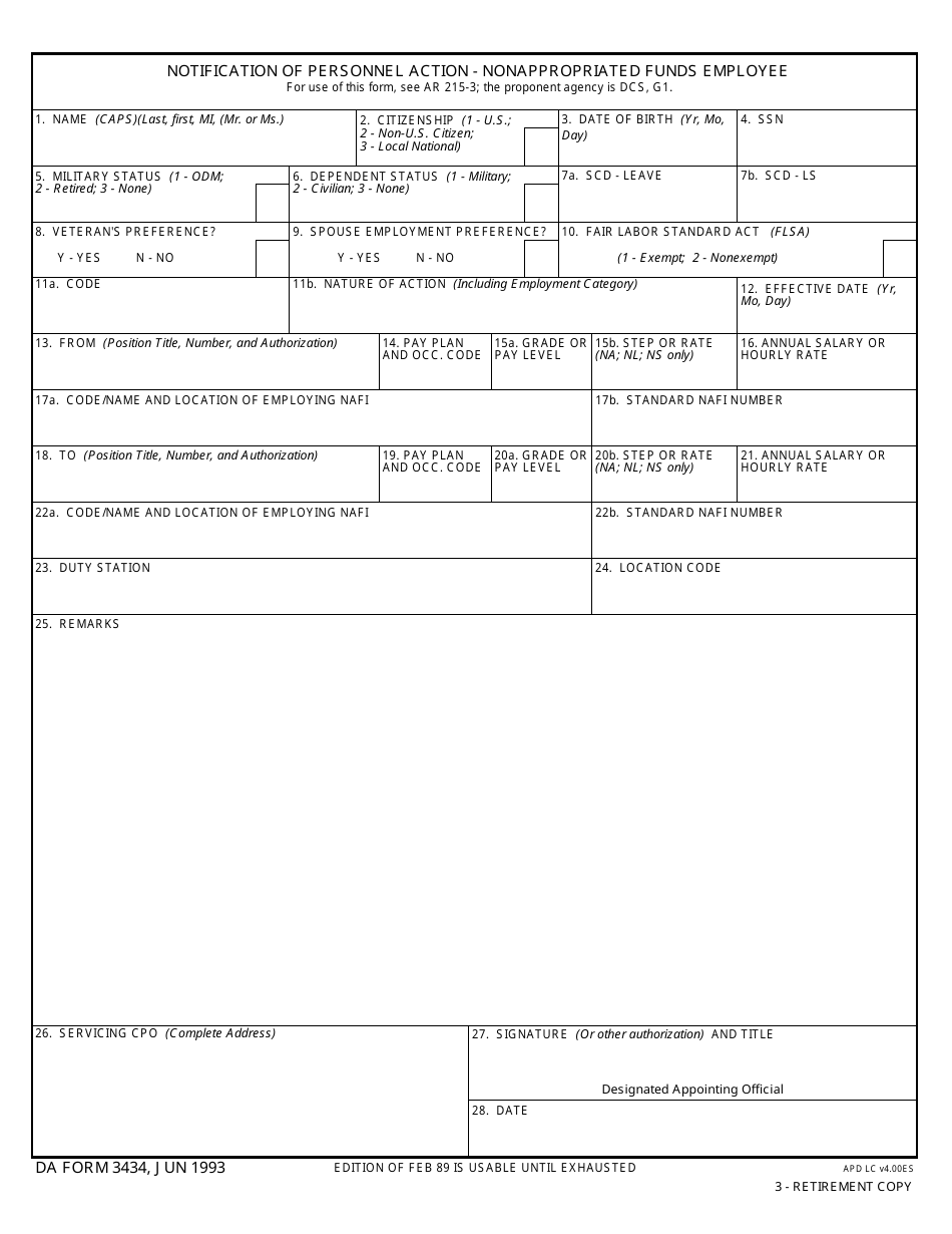 DA Form 3434 Notification of Personnel Action - Nonappropriated Funds Employee, Page 3