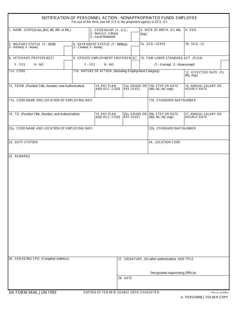 DA Form 3434 Notification of Personnel Action - Nonappropriated Funds Employee, Page 4
