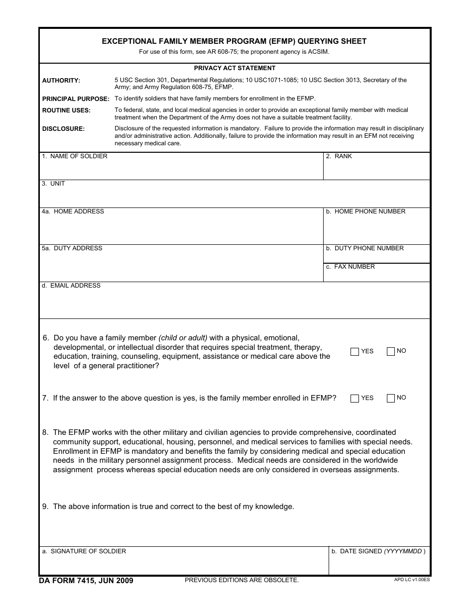 DA Form 7415 Exceptional Family Member Program (EFMP) Querying Sheet, Page 1