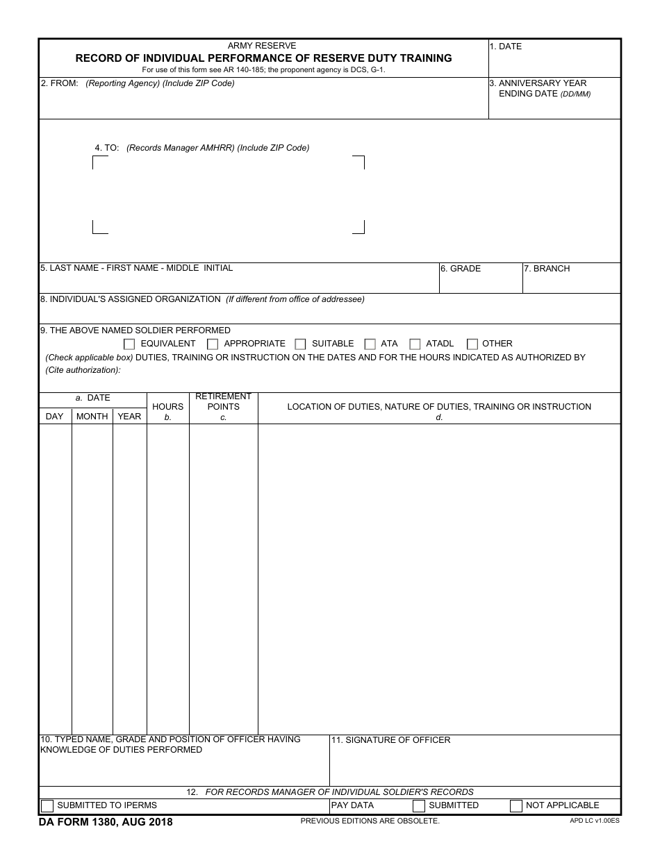 DA Form 1380 Record of Individual Performance of Reserve Duty Training, Page 1