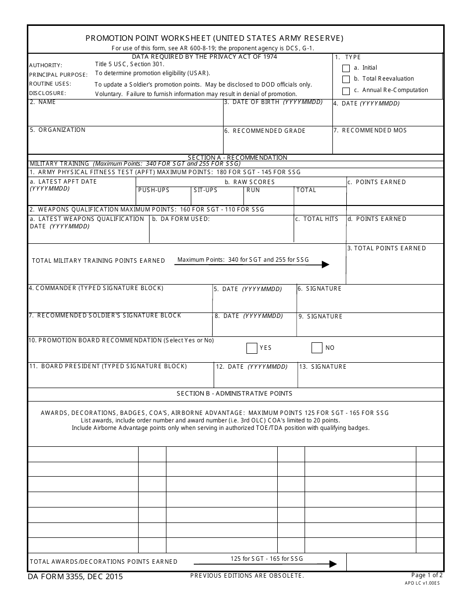 DA Form 3355 Promotion Point Worksheet (United States Army Reserve), Page 1