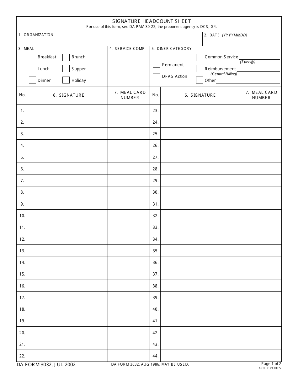 DA Form 3032 Signature Headcount Sheet, Page 1