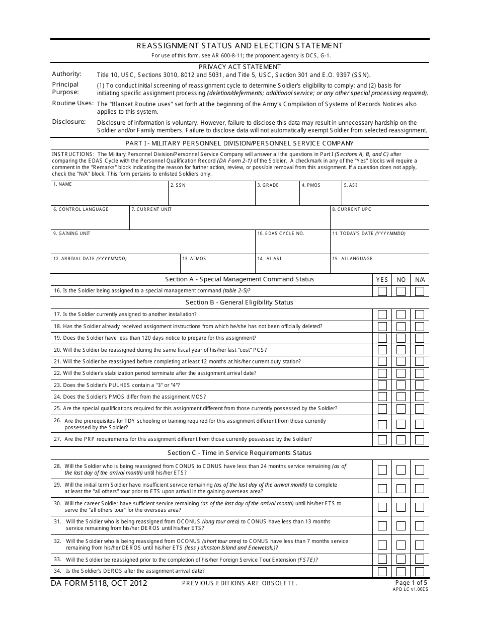 DA Form 5118 Reassignment Status and Election Statement, Page 1