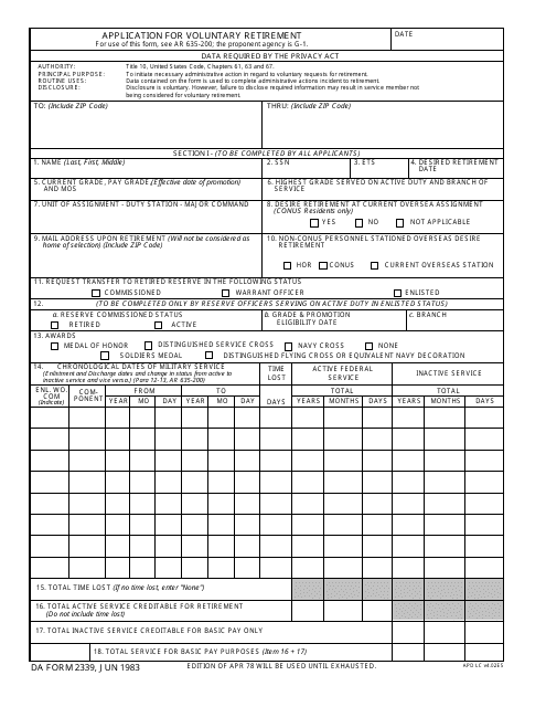 DA Form 2339  Printable Pdf